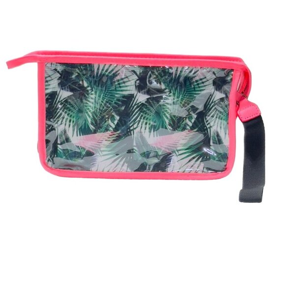 Women's Clear Vinyl Coral Reef / Floral Print Zippered Pouches Black Wrist Strap - Picture 8 of 11